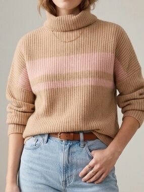 J Crew Cashmere Relaxed Turtleneck Sweater in Stripe; Camel And Pink, Size S/M